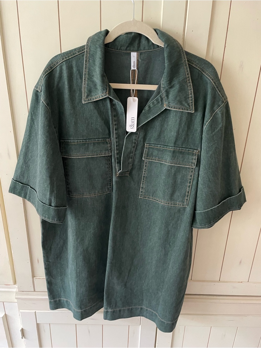 Relaxed Short-Sleeve Mini Dress in Washed Green by g’lam of LA